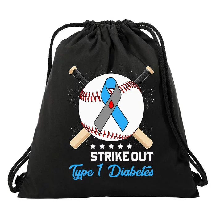 Strike Out T1D Type 1 Diabetes Blue and Gray Ribbon Baseball Drawstring Bag