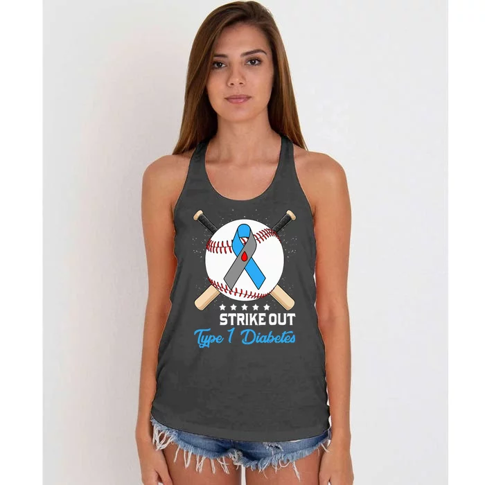 Strike Out T1D Type 1 Diabetes Blue and Gray Ribbon Baseball Women's Knotted Racerback Tank