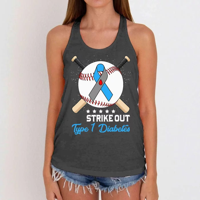 Strike Out T1D Type 1 Diabetes Blue and Gray Ribbon Baseball Women's Knotted Racerback Tank