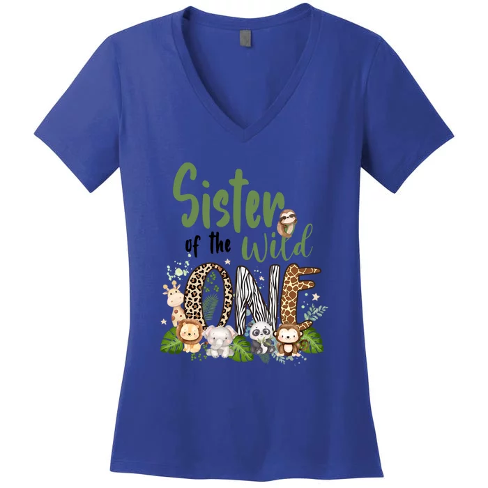 Sister Of The Wild One Zoo 1st Birthday Safari Jungle Animal Gift Women's V-Neck T-Shirt