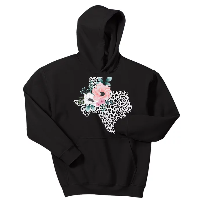 State Of Texas Map Leopard Print Watercolor Flowers Texan Kids Hoodie