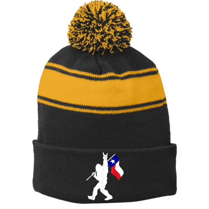 State Of Texas Flag Bigfoot Rock On For Sasquatch Hunter Stripe Pom Pom Beanie