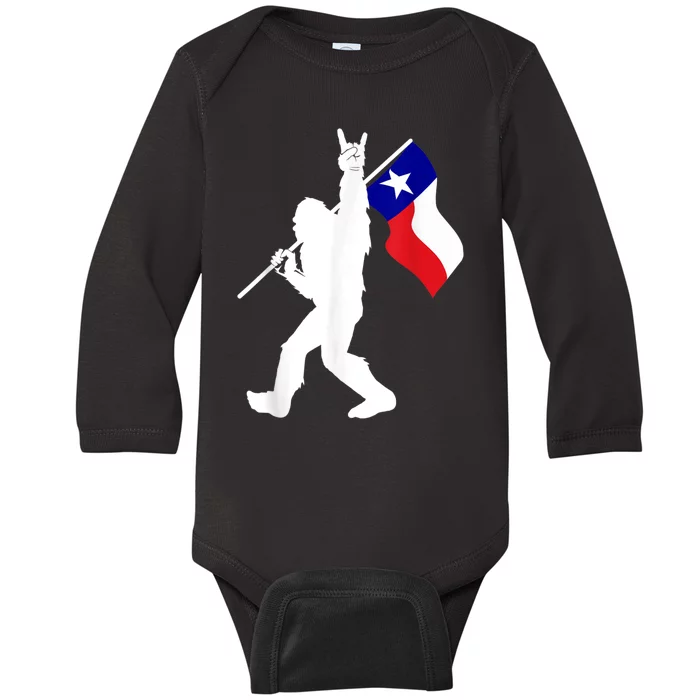 State Of Texas Flag Bigfoot Rock On For Sasquatch Hunter Baby Long Sleeve Bodysuit