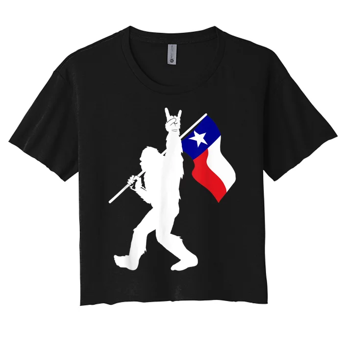 State Of Texas Flag Bigfoot Rock On For Sasquatch Hunter Women's Crop Top Tee