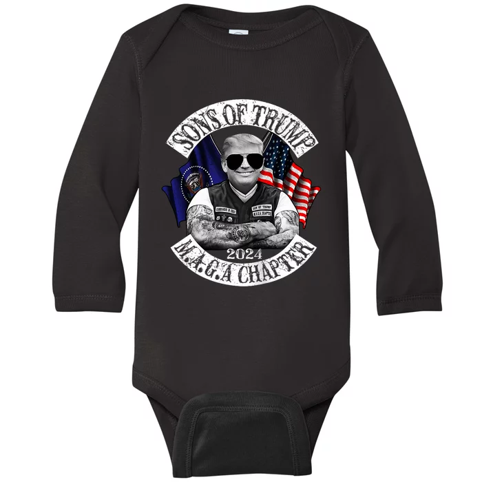 Sons Of Trump Maga Chapter 2024 Biker For Trump Baby Long Sleeve Bodysuit