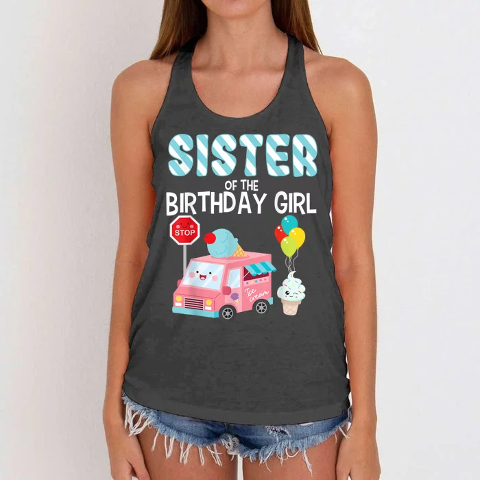 Sister Of The Birthday Girl Ice Cream Truck Bday Party Women's Knotted Racerback Tank