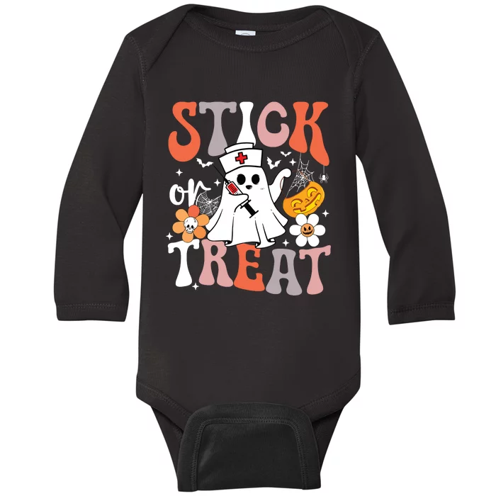 Stick Or Treat Ghost Nurse Halloween Crna Emergency Er Nurse Baby Long Sleeve Bodysuit