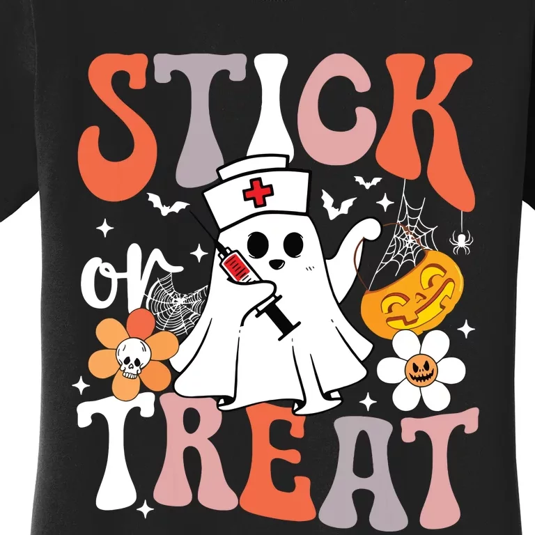 Stick Or Treat Ghost Nurse Halloween Crna Emergency Er Nurse Women's T-Shirt