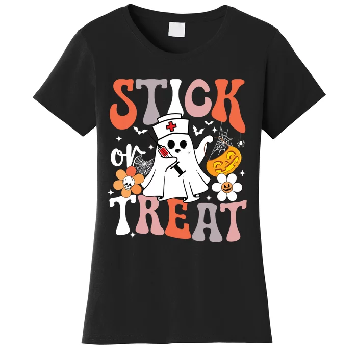 Stick Or Treat Ghost Nurse Halloween Crna Emergency Er Nurse Women's T-Shirt