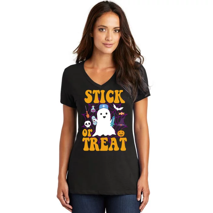 Stick Or Treat Halloween Nurse Ghost Women's V-Neck T-Shirt