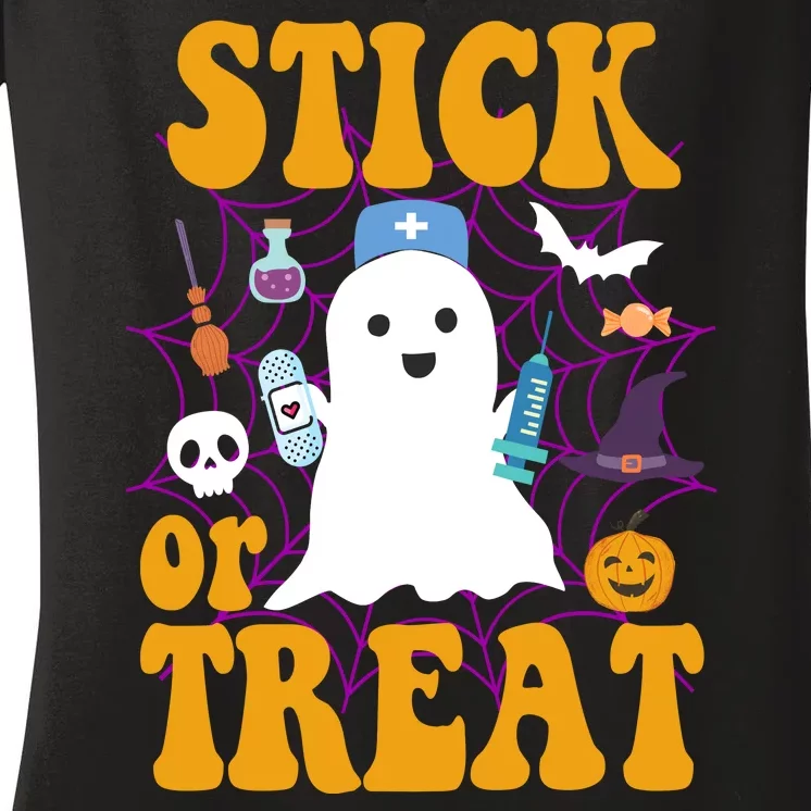 Stick Or Treat Halloween Nurse Ghost Women's V-Neck T-Shirt