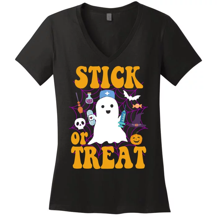 Stick Or Treat Halloween Nurse Ghost Women's V-Neck T-Shirt