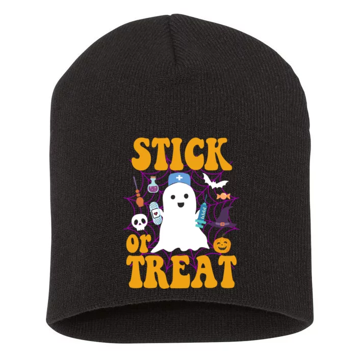 Stick Or Treat Halloween Nurse Ghost Short Acrylic Beanie