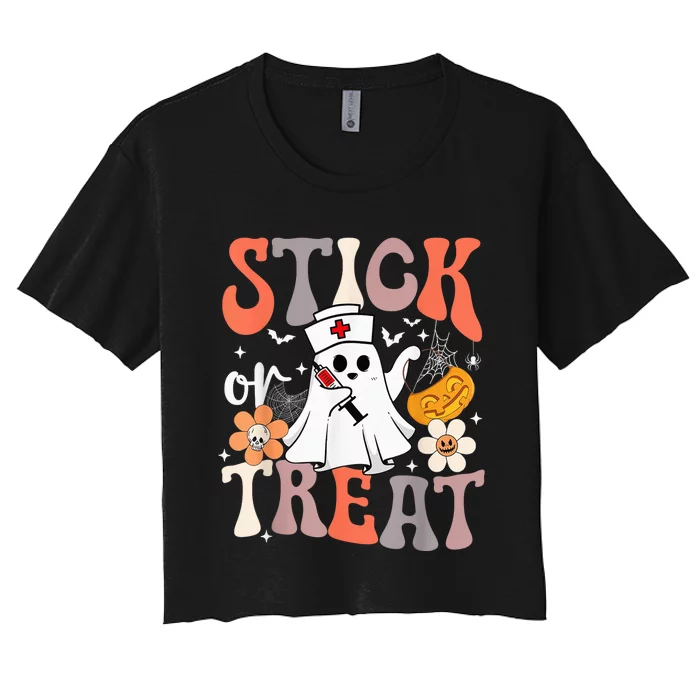 Stick Or Treat Ghost Nurse Halloween CRNA Emergency ER Nurse Women's Crop Top Tee