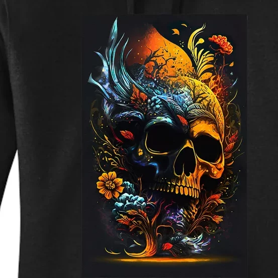 Stunning Orange Themed Skull and Flowers Women's Pullover Hoodie