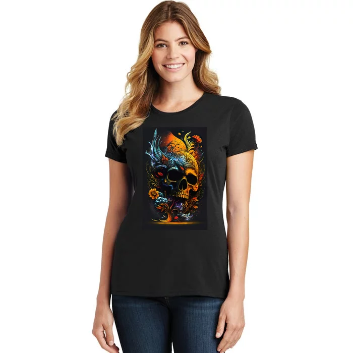 Stunning Orange Themed Skull and Flowers Women's T-Shirt