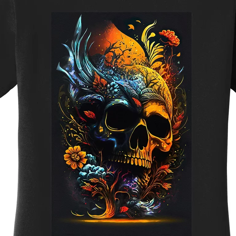 Stunning Orange Themed Skull and Flowers Women's T-Shirt