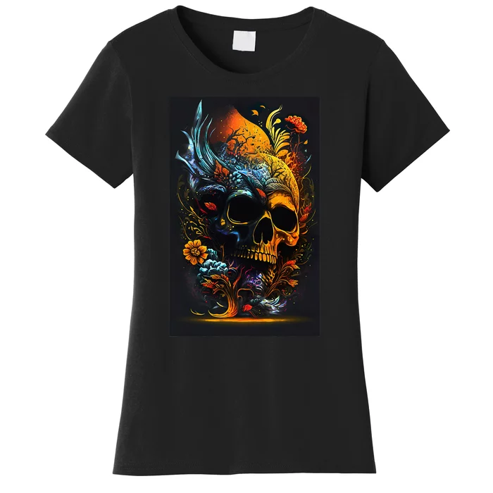 Stunning Orange Themed Skull and Flowers Women's T-Shirt