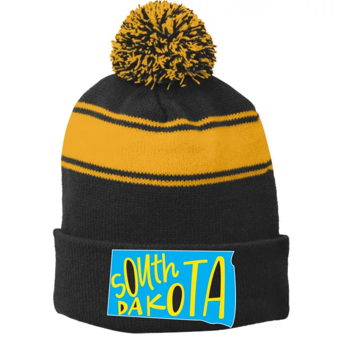 South Dakota Hand Drawn State Outline Stripe Pom Pom Beanie