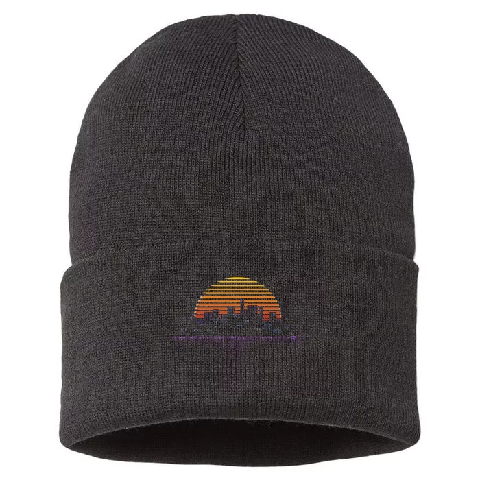 Synthwave Outrun Vaporwave City Sunset Aesthetic Sustainable Knit Beanie