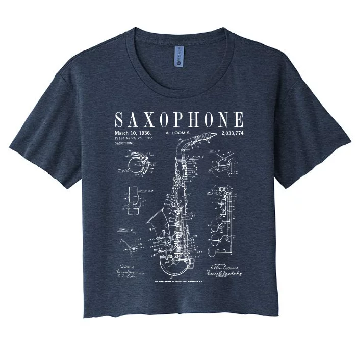 Saxophone Old Vintage Patent Drawing Print Women's Crop Top Tee