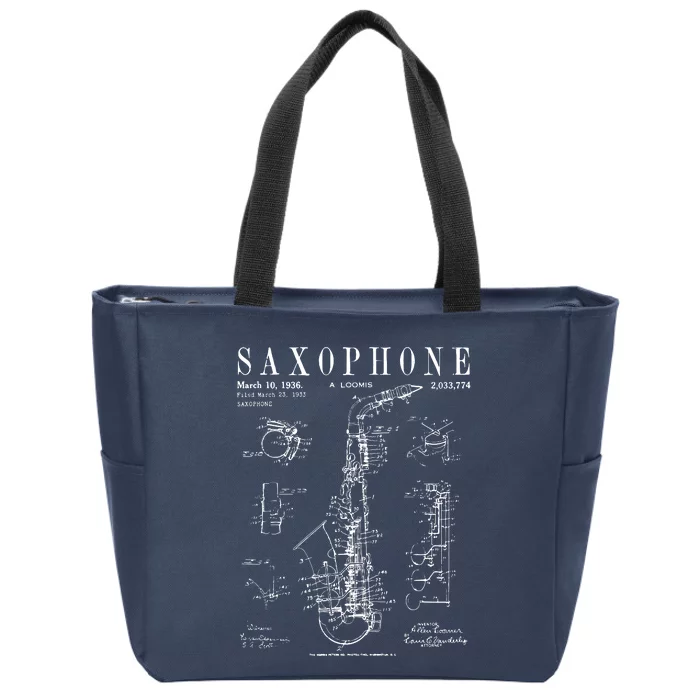 Saxophone Old Vintage Patent Drawing Print Zip Tote Bag