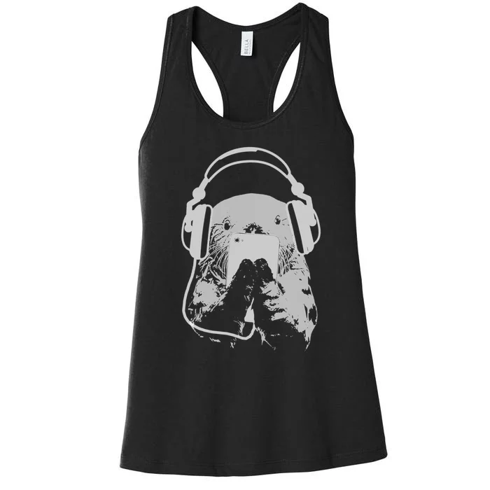 Sea Otter With Cell Phone And Headphones Gift Women's Racerback Tank