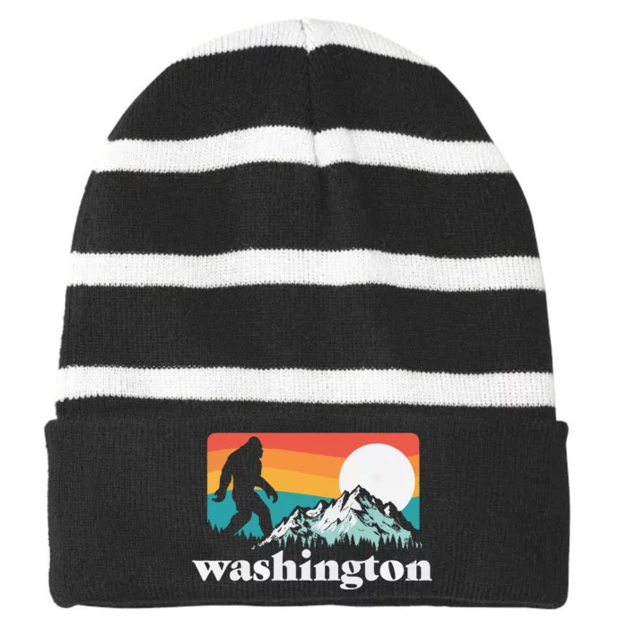 State Of Washington Pacific Northwest Bigfoot Mountain Striped Beanie with Solid Band