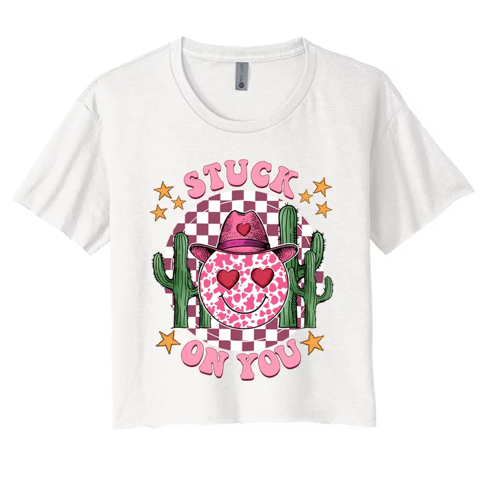 Stuck On You Cute Cowboy Howdy Western Retro Valentine's Day Couple Women's Crop Top Tee