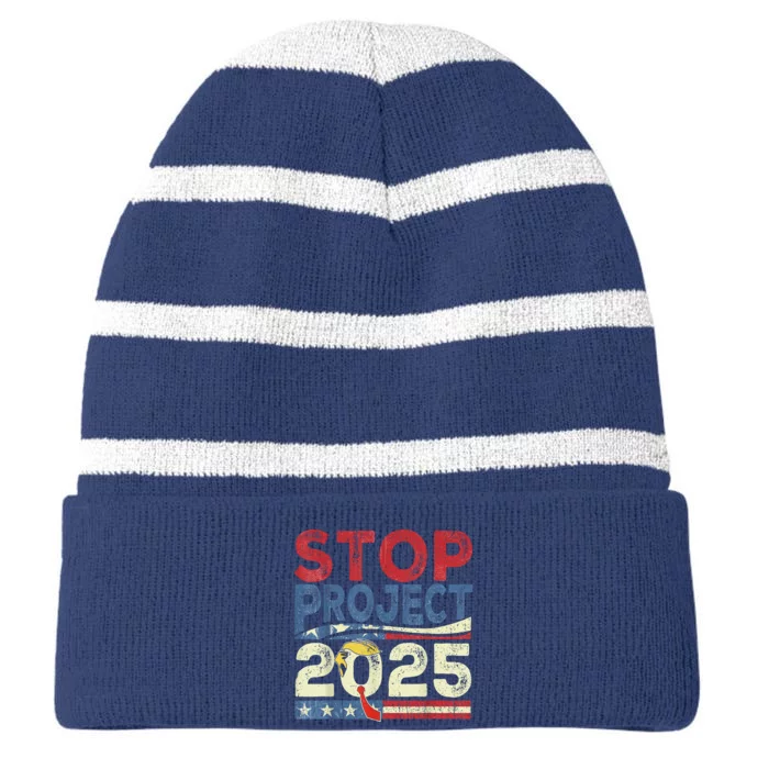 Stop Project 2025 Funny Retro Vintage Striped Beanie with Solid Band