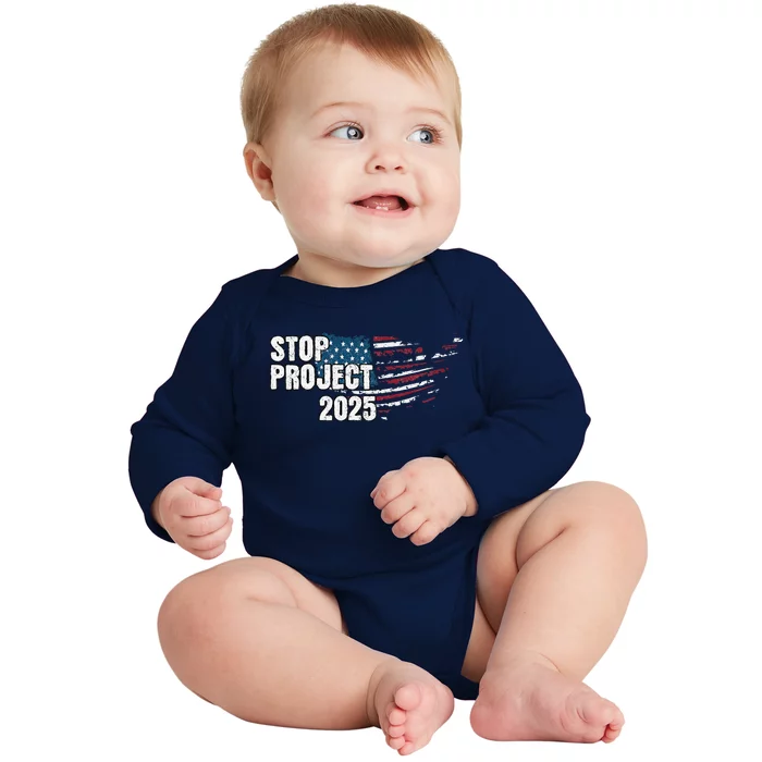 Stop Project 2025 Anti Trump American Flag Baby Long Sleeve Bodysuit