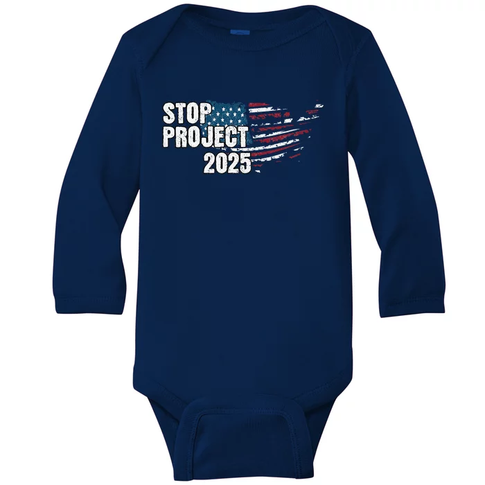 Stop Project 2025 Anti Trump American Flag Baby Long Sleeve Bodysuit