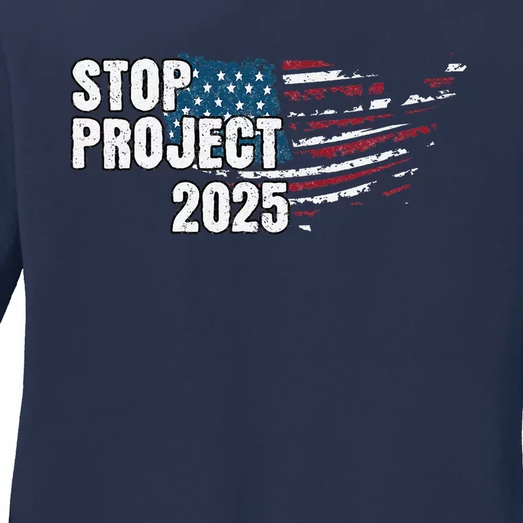 Stop Project 2025 Anti Trump American Flag Ladies Long Sleeve Shirt