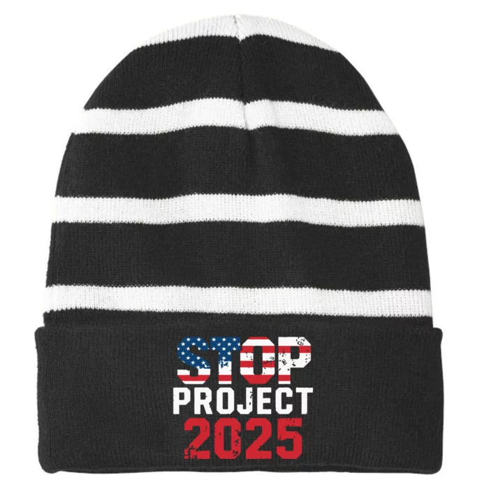 Stop Project 2025 Anti Trump Political Statement Striped Beanie with Solid Band