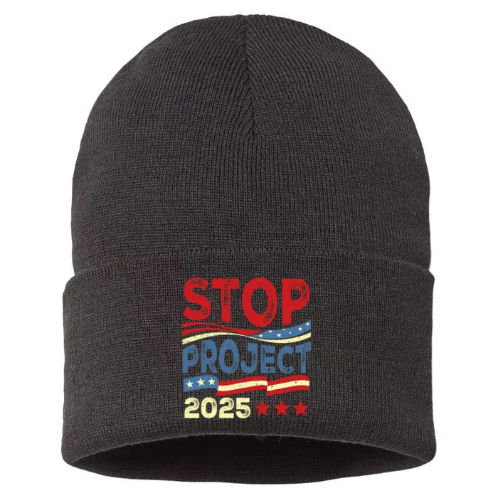 Stop Project 2025 Anti Trump Usa Flag Political Sustainable Knit Beanie