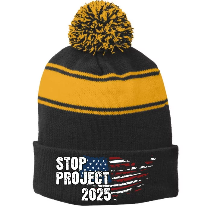 Stop Project 2025 American Flag Stripe Pom Pom Beanie