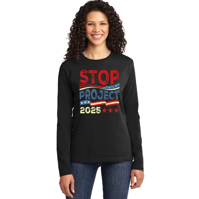 Stop Project 2025 Anti Trump Usa Flag Political Ladies Long Sleeve Shirt