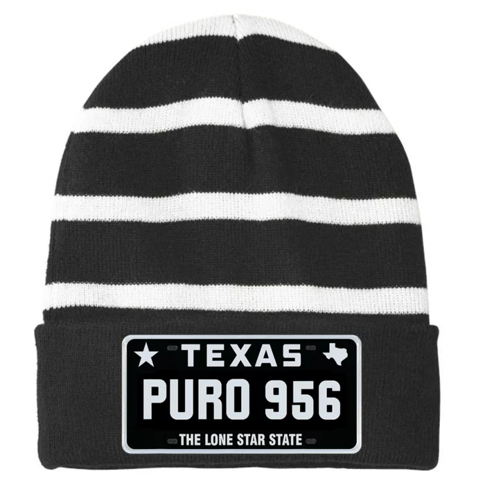 Simple “PURO 956” Texas License Plate Graphic Striped Beanie with Solid Band