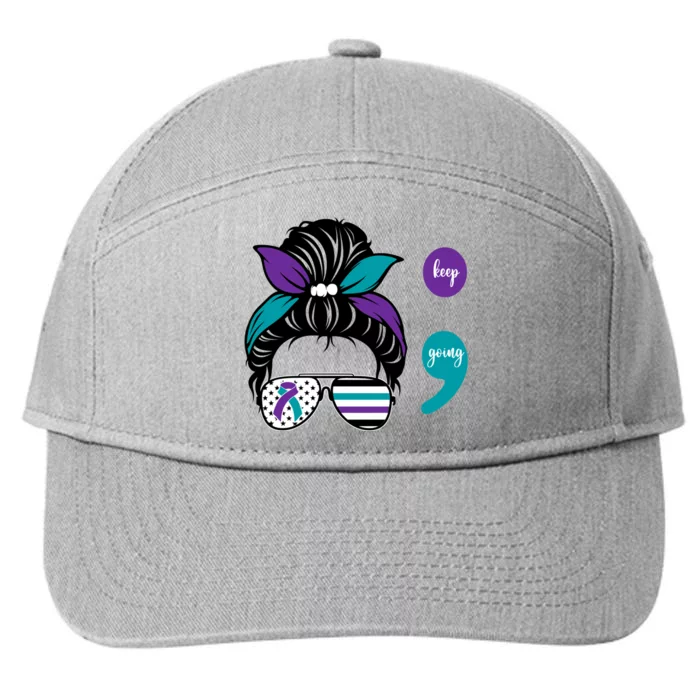 Suicide Prevention Awareness Semicolon Keep Going Messy Bun Gift 7-Panel Snapback Hat