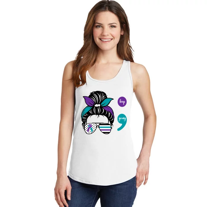 Suicide Prevention Awareness Semicolon Keep Going Messy Bun Gift Ladies Essential Tank