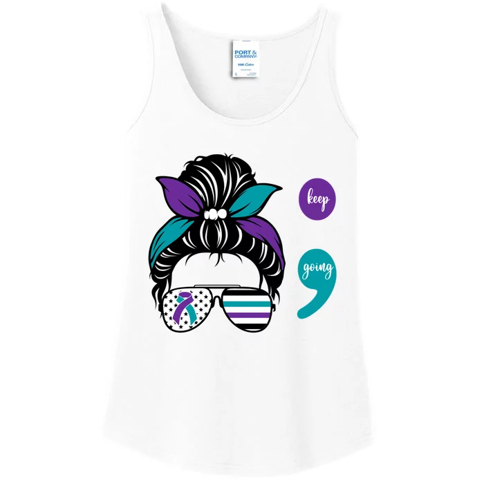 Suicide Prevention Awareness Semicolon Keep Going Messy Bun Gift Ladies Essential Tank