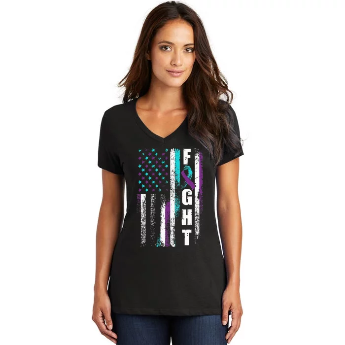 Suicide Prevention Awareness American Flag Distress Women's V-Neck T-Shirt