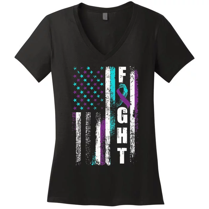 Suicide Prevention Awareness American Flag Distress Women's V-Neck T-Shirt