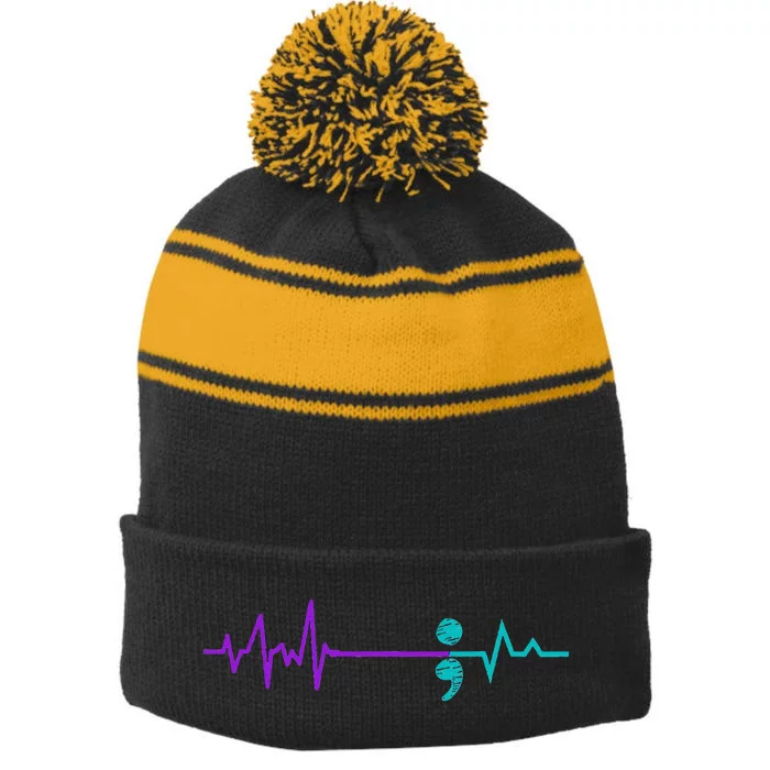 Suicide Prevention Awareness Semicolon Stay Stripe Pom Pom Beanie