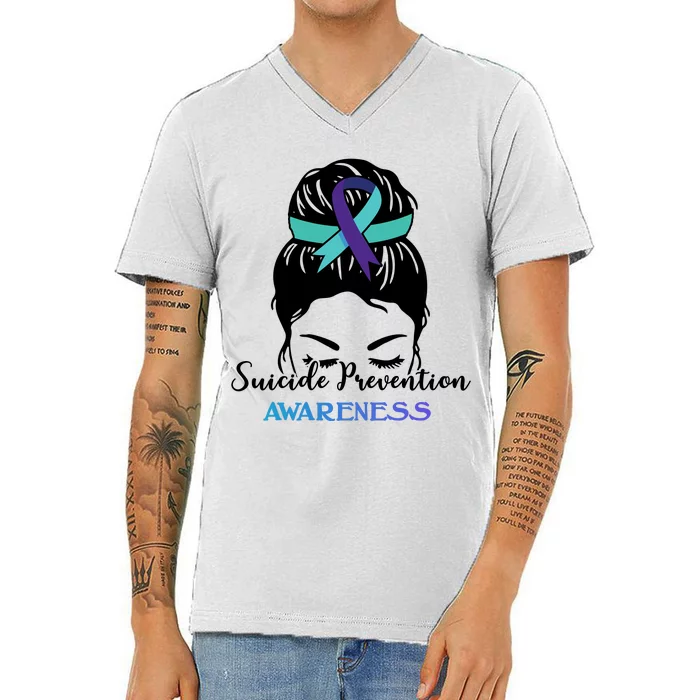 Suicide Prevention Awareness Hair Bun Ribbon V-Neck T-Shirt