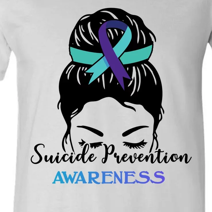 Suicide Prevention Awareness Hair Bun Ribbon V-Neck T-Shirt