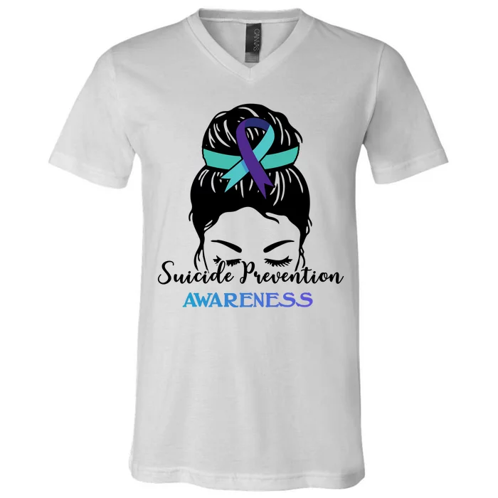 Suicide Prevention Awareness Hair Bun Ribbon V-Neck T-Shirt