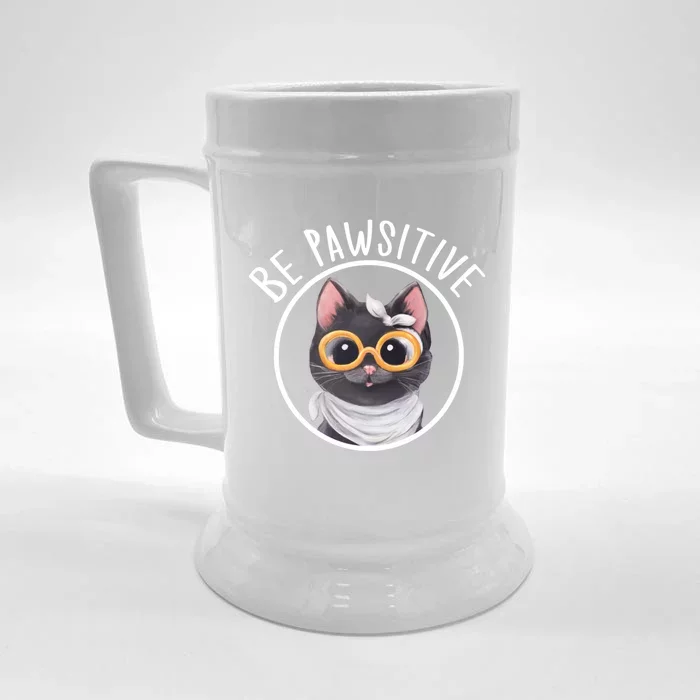 Stay Pawsitive And Cat Pawsitive For Nerdy Cat Gift Front & Back Beer Stein