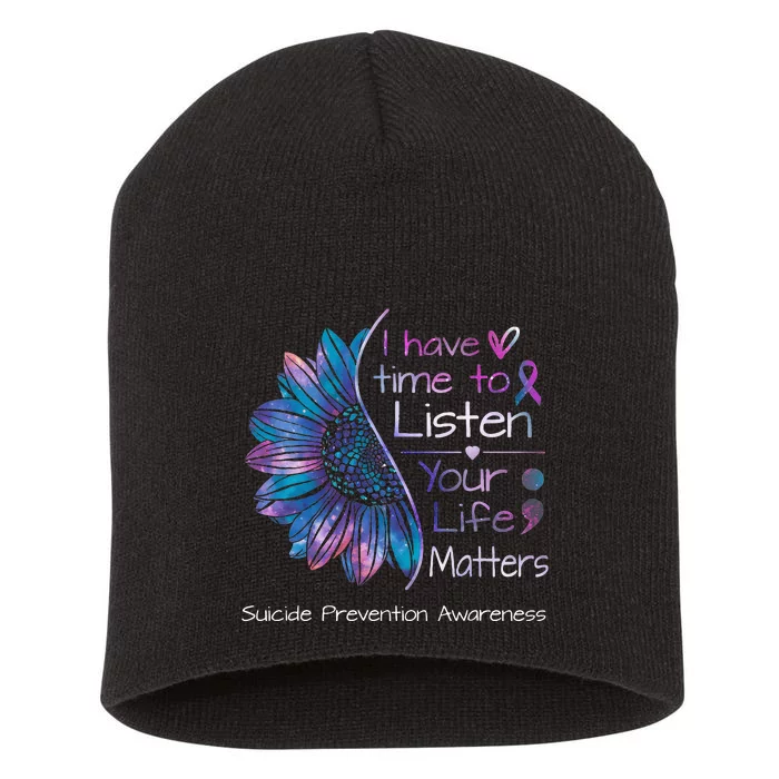 Suicide Prevention Awareness Sunflower Teal & Purple Ribbon Short Acrylic Beanie