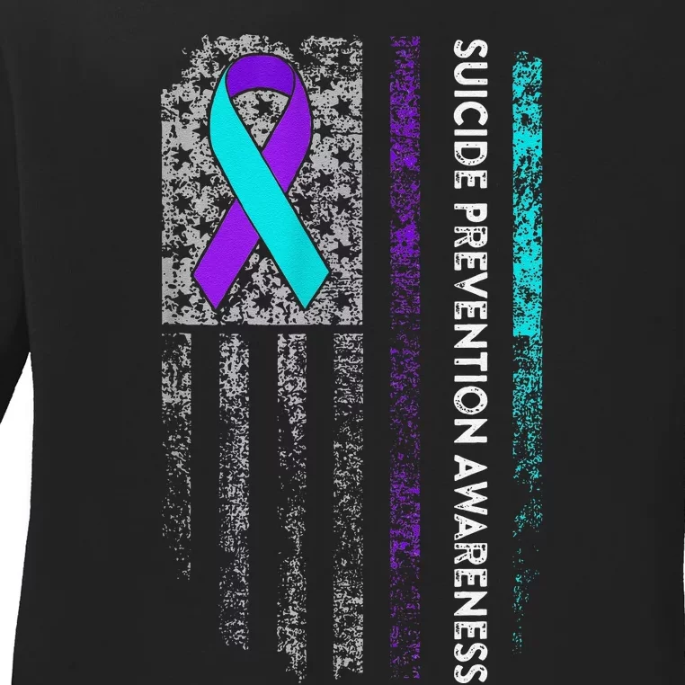 Suicide Prevention Awareness Ribbon American Flag Gift Ladies Long Sleeve Shirt